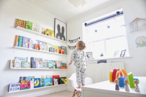 Child's room with wall of books