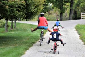 Family biking together.