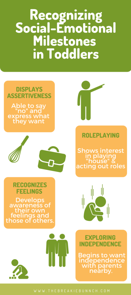 Infographic for recognizing social-emotional milestones in toddlers.