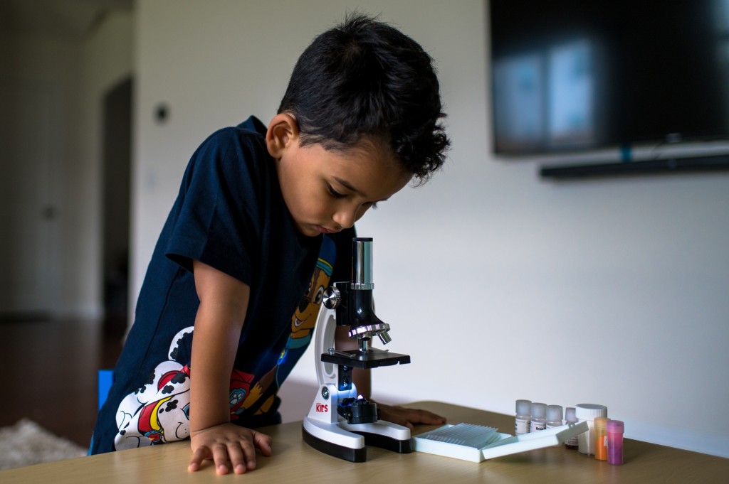 Toddler looking into microscope