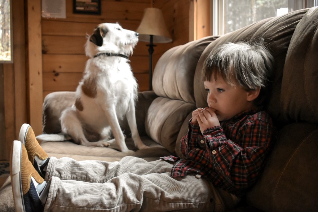 Toddler and dog sitting inside on couch